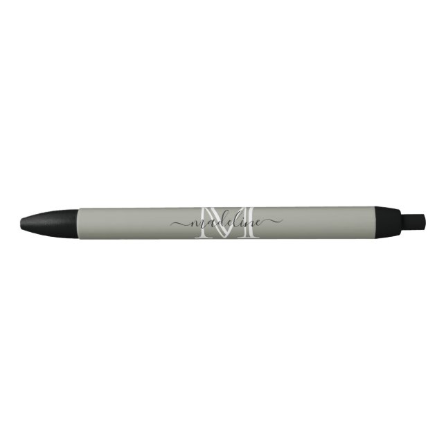 Modern Elegant Script Evergreen Fog Monogram Black Ink Pen (Front)
