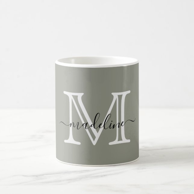 Modern Elegant Script Evergreen Fog Monogram Coffee Mug (Center)