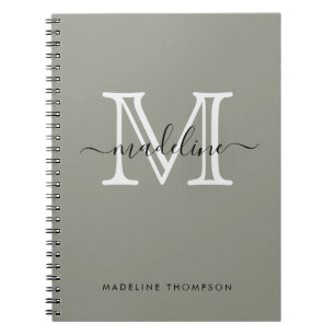 Modern Elegant Script Evergreen Fog Monogram Notebook