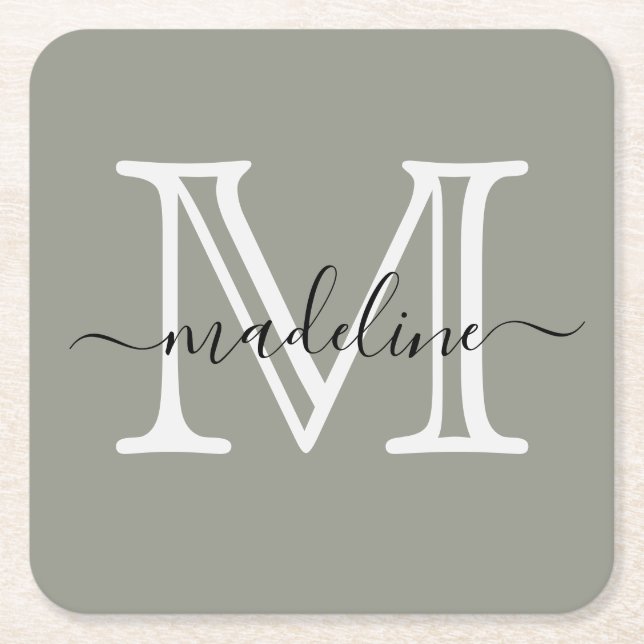 Modern Elegant Script Evergreen Fog Monogram Square Paper Coaster (Front)