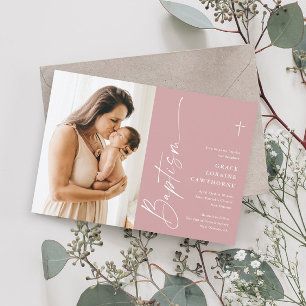 Modern Elegant Script Girls Photo Baptism Invitation
