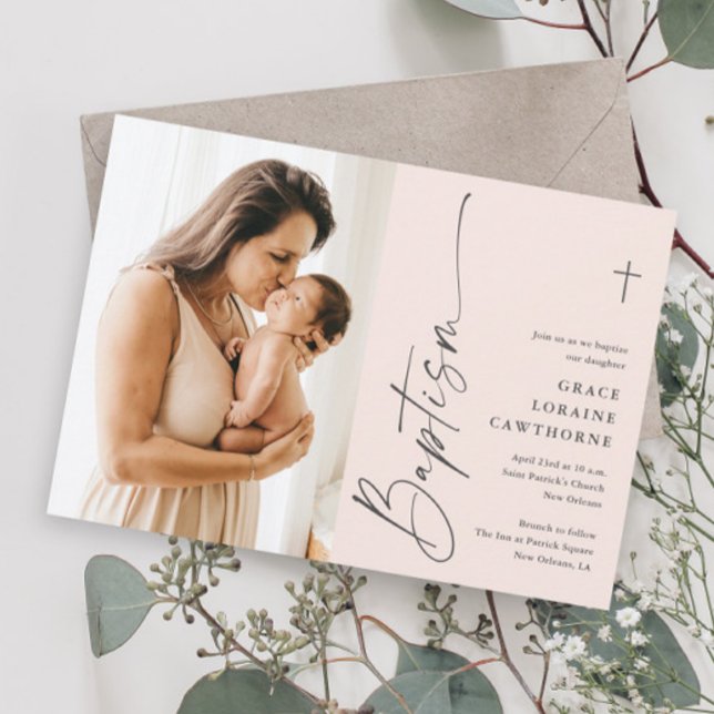 Modern Elegant Script Girls Photo Baptism Invitation (Modern script girls photo baptism invitations.)
