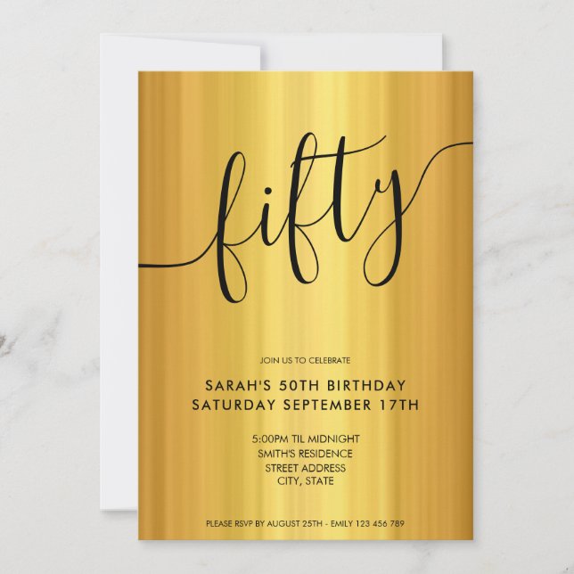 Modern Elegant Script Gold 50th Birthday Invitation (Front)