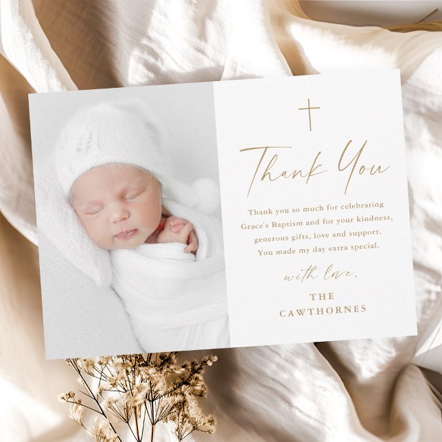 Modern Elegant Script Gold Cross Photo Baptism Thank You Card (Modern elegant script gold  baby photo baptism thank you cad.)