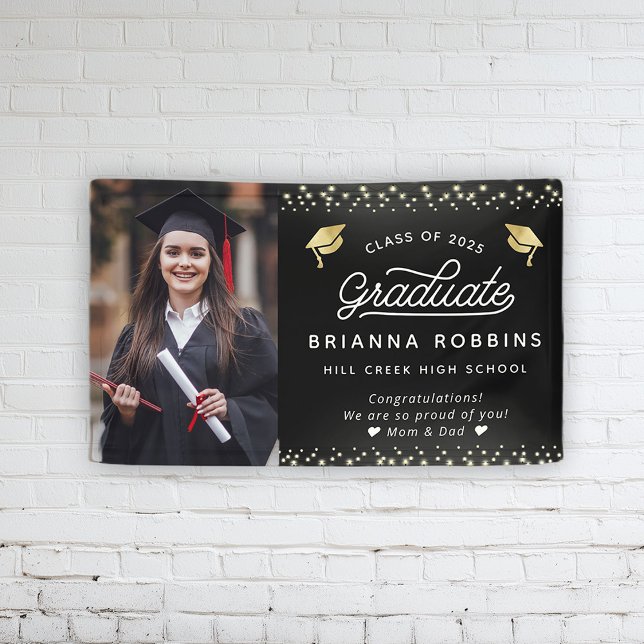 Modern Elegant Script Gold Graduation Photo Black Banner (Creator Uploaded)