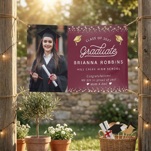 Modern Elegant Script Gold Graduation Photo Maroon Banner