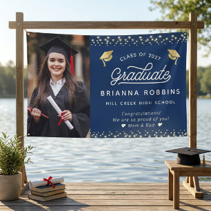 Modern Elegant Script Gold Graduation Photo Navy Banner