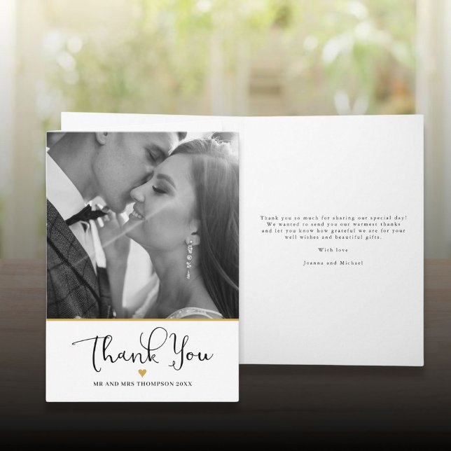 Modern Elegant Script Gold Heart Wedding Photo Thank You Card (Modern Elegant Script Gold Heart Wedding Photo Thank You Card)