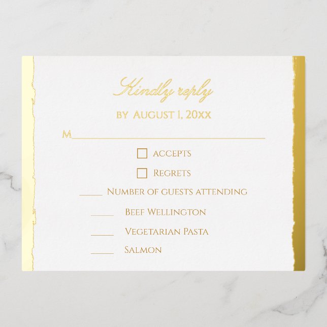 Modern Elegant Script Gold & White Wedding RSVP Foil Holiday Postcard (Front)
