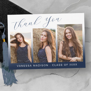 Modern Elegant Script Gradient Navy 3 Photo Grad Thank You Card