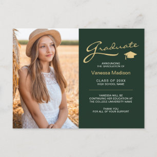 Modern Elegant Script Green & Gold   2 Photo Grad Postcard