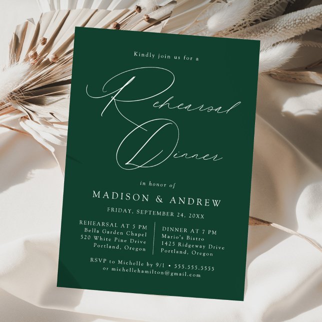 Modern Elegant Script Green Rehearsal Dinner Invitation (Creator Uploaded)