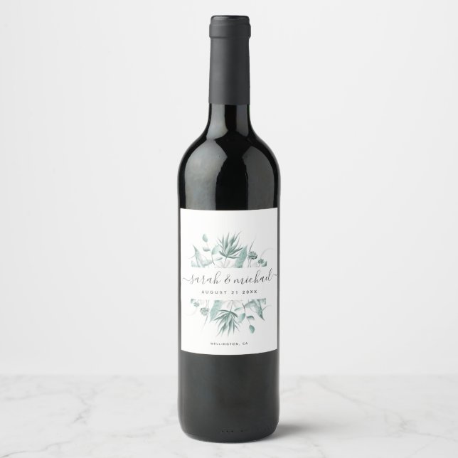 Modern Elegant Script Greenery Wedding Favour Wine Label (Front)