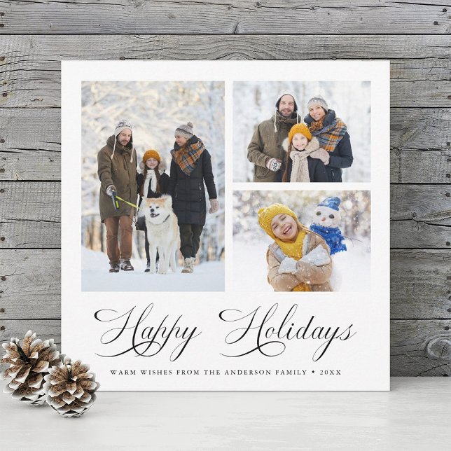 Modern Elegant Script Happy Holidays 3 Photo  Holiday Card (Creator Uploaded)
