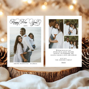 Modern Elegant Script Happy New Year 4 Photo Holiday Card