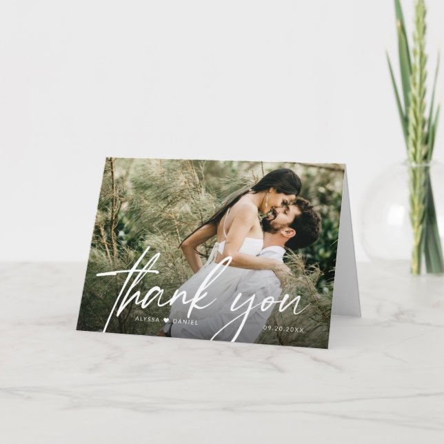 Modern Elegant Script Heart Simple Wedding Photo Thank You Card (Front)