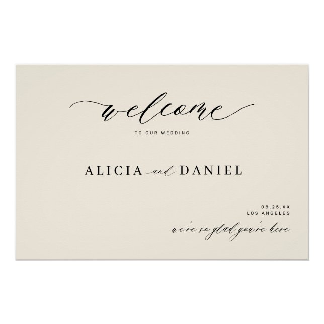 Modern elegant script ivory wedding welcome sign (Front)