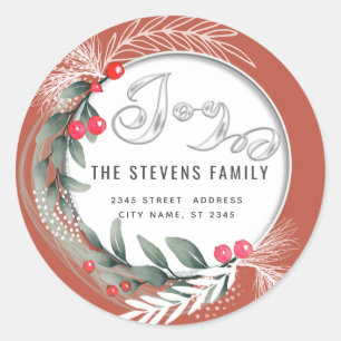 Modern elegant script joy winter botanical classic round sticker