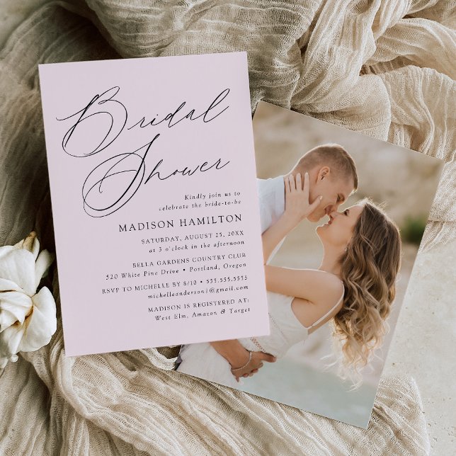 Modern Elegant Script Lavender Photo Bridal Shower Invitation (Creator Uploaded)