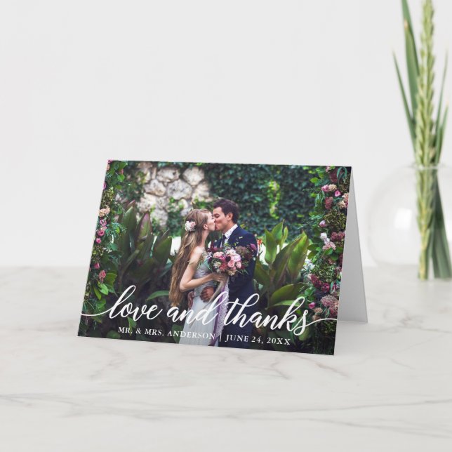 Modern Elegant Script Love Thanks Wedding Fold Thank You Card (Front)