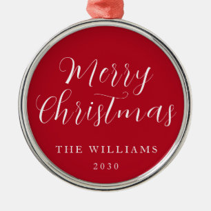 Modern Elegant Script Merry Christmas Red Metal Ornament
