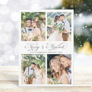 Modern Elegant Script Merry & Married 4 Photo  Holiday Card