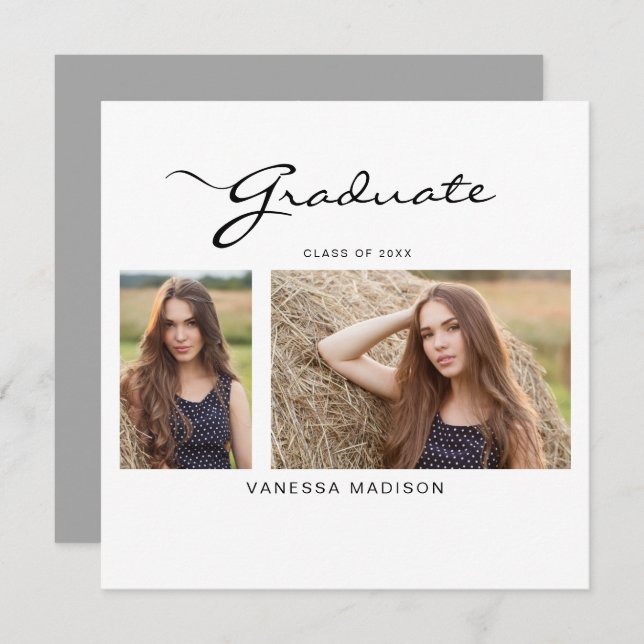 Modern Elegant Script Minimal | 2 Photo Graduation Announcement (Front/Back)