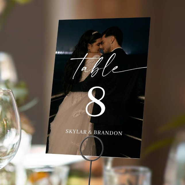 Modern Elegant Script Modern Photo Wedding Table Number (Creator Uploaded)