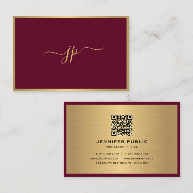 Modern Elegant Script Monogram Bordeaux Gold Euro Business Card (Front/Back)