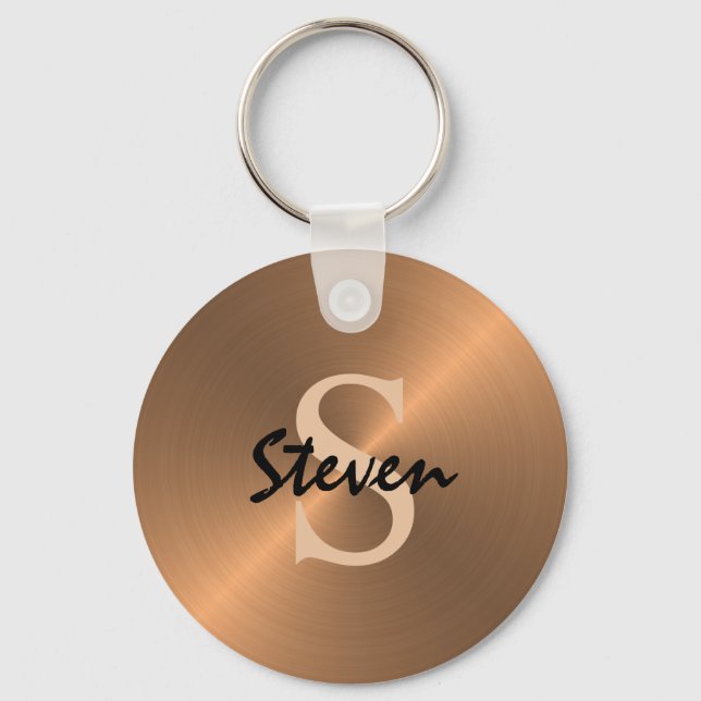 Modern Elegant Script Monogram Bronze Metallic Key Ring (Front)