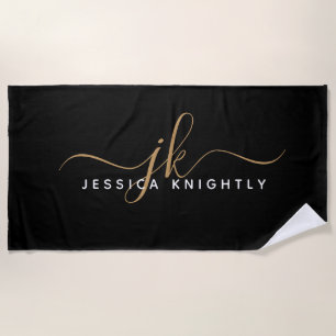 Modern Elegant Script Monogram Initials Black Gold Beach Towel
