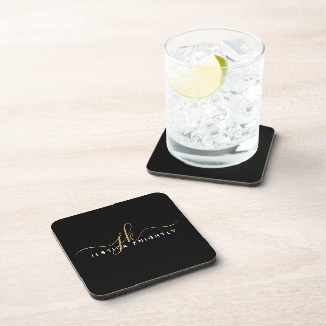 Modern Elegant Script Monogram Initials Black Gold Coaster (Right Side)