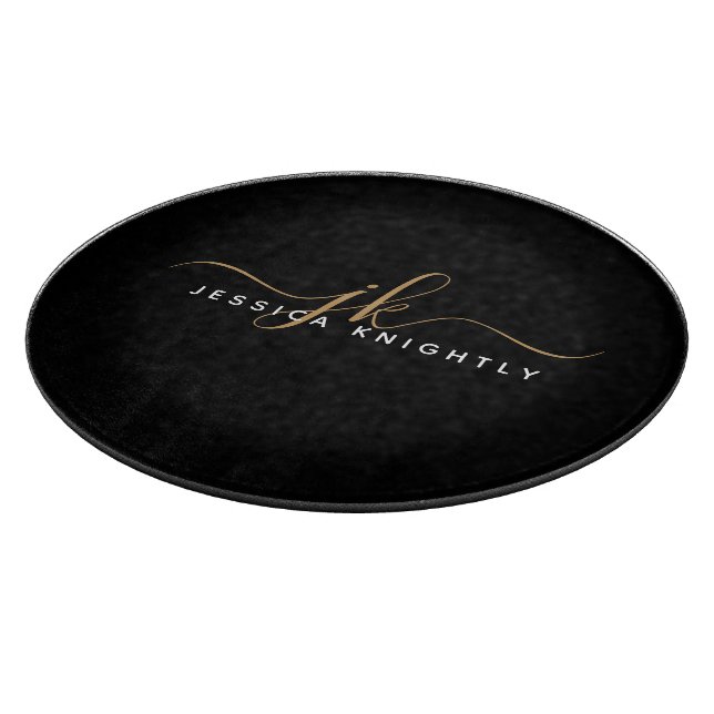 Modern Elegant Script Monogram Initials Black Gold Cutting Board (Corner)