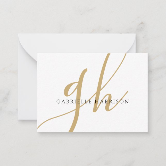 Modern Elegant Script Monogram Name Black Gold Card (Front)