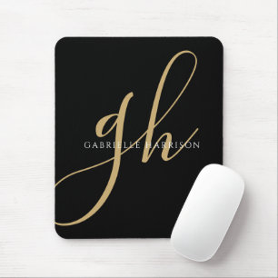 Modern Elegant Script Monogram Name Black Gold Mouse Pad
