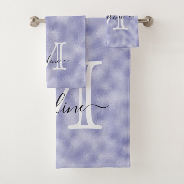 Modern Elegant Script Monogram Purple Foil Bath Towel Set (Insitu)