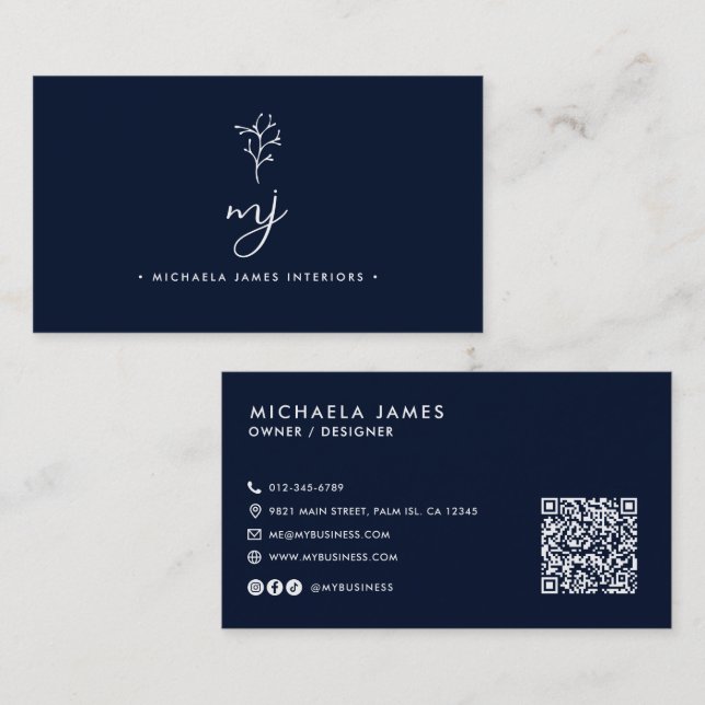 Modern Elegant Script Monogram QR Code Business Card (Front/Back)