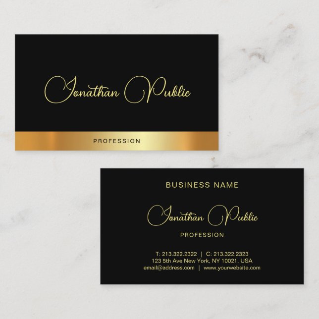 Modern Elegant Script Name Black Gold Template Business Card (Front/Back)