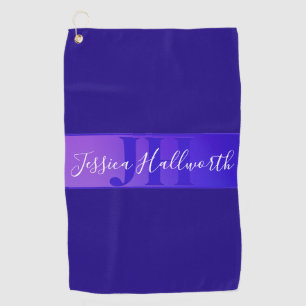 Modern Elegant Script Name & Monogram Ombre Purple Golf Towel