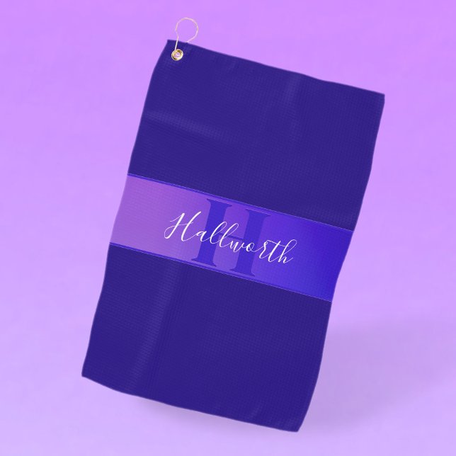 Modern Elegant Script Name & Monogram Ombre Purple Golf Towel (Creator Uploaded)