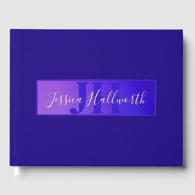 Modern Elegant Script Name & Monogram Ombre Purple Guest Book (Front)