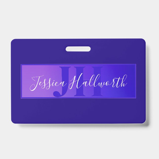 Modern Elegant Script Name & Monogram Ombre Purple ID Badge (Front)