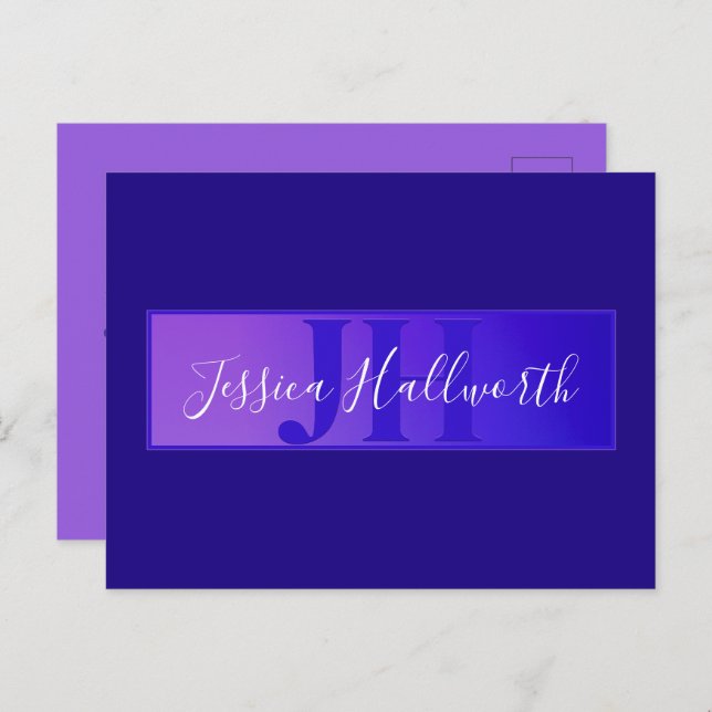 Modern Elegant Script Name & Monogram Ombre Purple Postcard (Front/Back)
