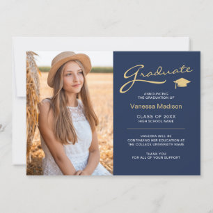 Modern Elegant Script Navy Blue   2 Photo Grad Announcement