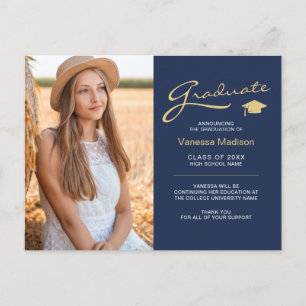 Modern Elegant Script Navy Blue   2 Photo Grad Postcard