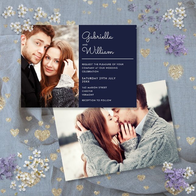 Modern Elegant Script Navy Blue 2 Photo Wedding Invitation (Modern Elegant Script Navy Blue 2 Photo Wedding Invitation)