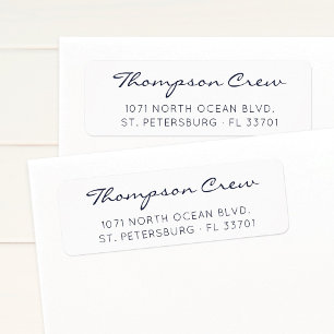 Modern Elegant Script Navy Blue Return Address Return Address Label