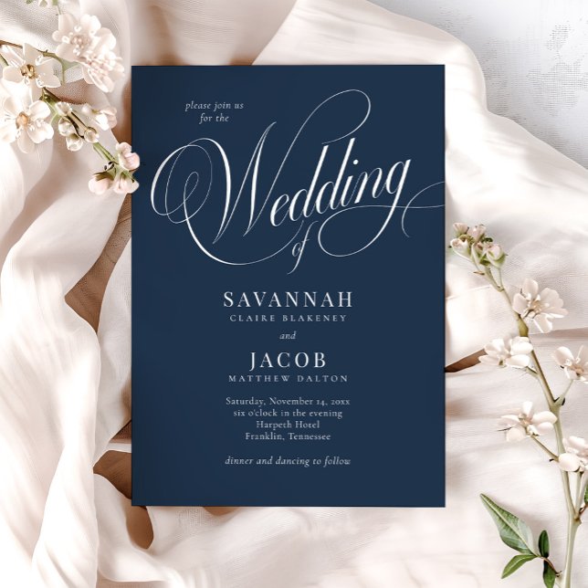 Modern Elegant Script Navy Blue Wedding Invitation (Creator Uploaded)