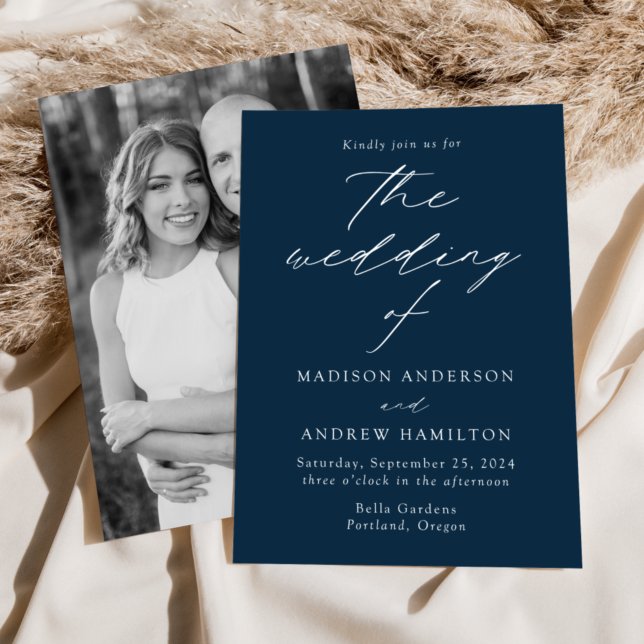 Modern Elegant Script Navy Photo Wedding Invitation (Creator Uploaded)