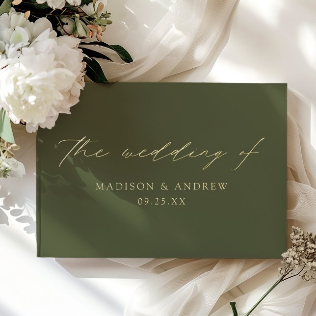 Modern Elegant Script Olive Green Photo Wedding Guest Book (Creator Uploaded)